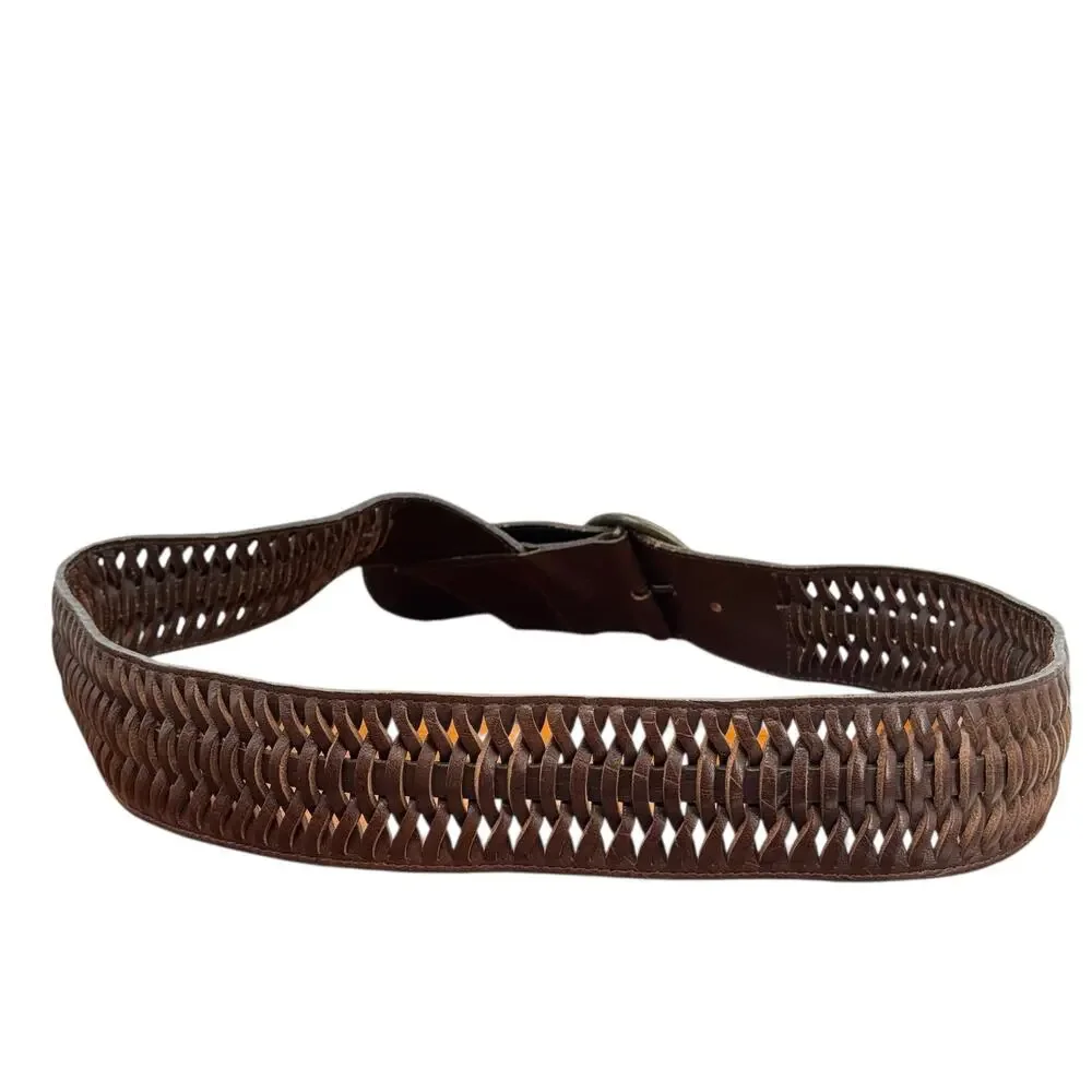 Avignon Leather Belt Vintage Womens L Brown Woven Wide Boho Festival Artisan 70s - Picture 3 of 11